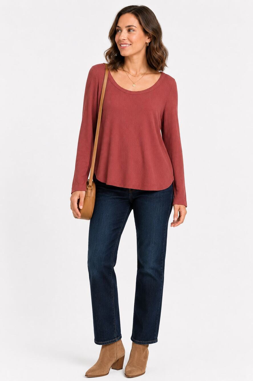 Spanx Ribbed Knit Long Sleeve Top Rust Scoop Neck XL EUC